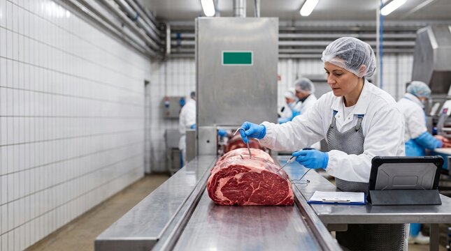 Butcher in sterile uniform using thermometer on large raw beef cuts in processing facility