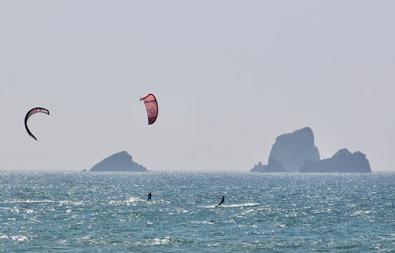 Liencres Cantabria Spain Europe July 11 2026 Kitesurfing off the beach of Playa de Valdearenas on a hot July day on the north coast of Spain