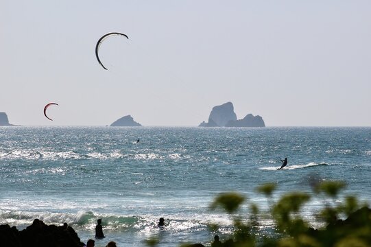 Liencres Cantabria Spain Europe July 11 2026 Kitesurfing off the beach of Playa de Valdearenas on a hot July day on the north coast of Spain