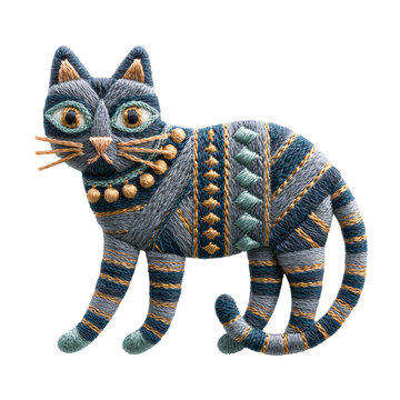 Embroidery patch halloween embroidered cat with teal gold stitches and decorative pattern