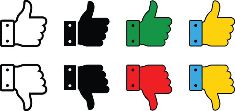 Thumbs up icon set, like dislike symbols, approval gesture, negative vote, positive feedback, social media, reaction icons, user interface, communication, graphics.
