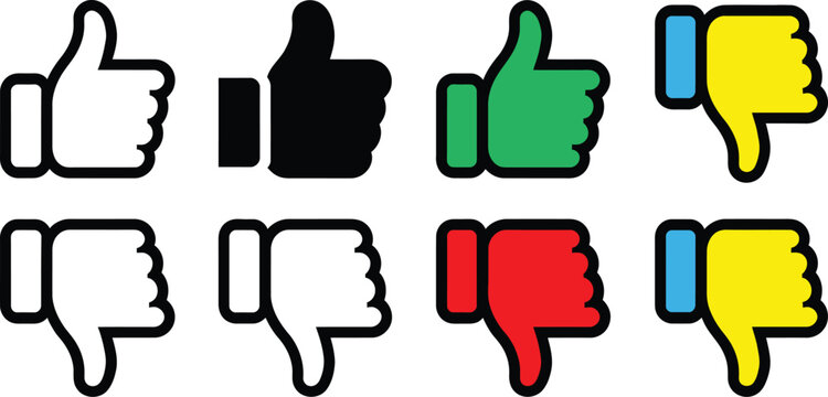 Thumbs up icon set, thumbs down symbol, like button, dislike sign, approval, voting, feedback, social media, reaction, interface, symbols, communication.