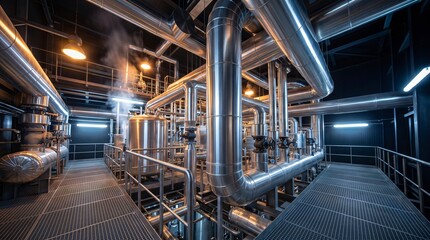 Fototapeta premium Industrial facility with intricate metal pipes tanks valves and glowing lights emitting steam
