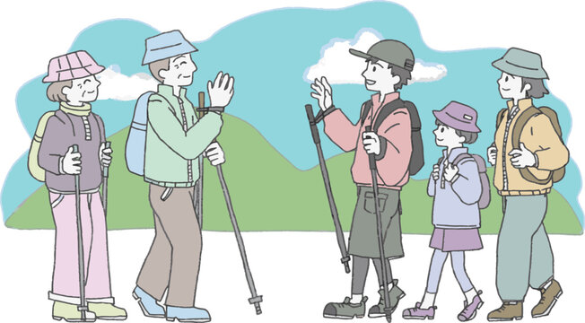 登山・ハイキング中に笑顔で挨拶を交わす親子とシニア夫婦のイラスト。山歩きのマナーと世代間交流のイメージ。