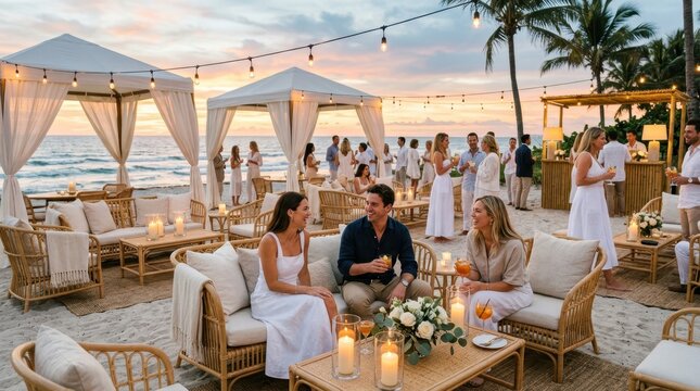 Elegant beach party at sunset with guests in white enjoying cocktails