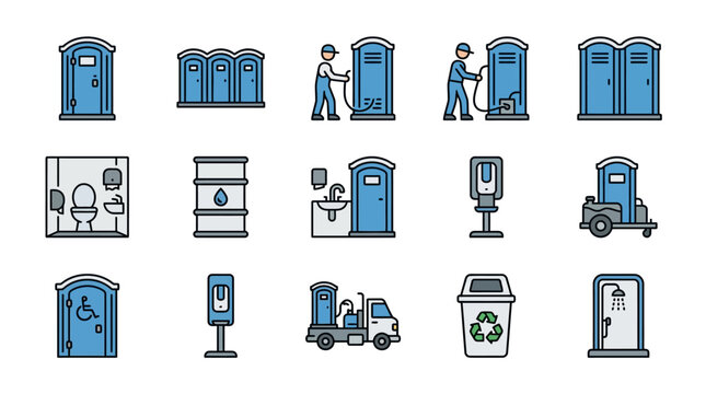 Corporate Set of Modern Portable Toilets Sanitation Equipment and Maintenance Icons in Blue and White