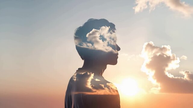 Surreal Double Exposure Silhouette Featuring Sky, Clouds, and Personal Growth Theme