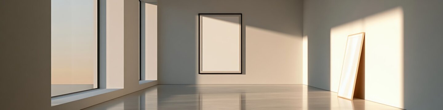 Wall frame stands in a sunlit minimalist room featuring large windows that cast geometric shadows across the polished floor to highlight the empty space available for creative branding displays.