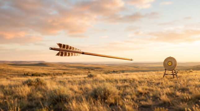 Arrow Flying Towards Distant Archery Target in Field
