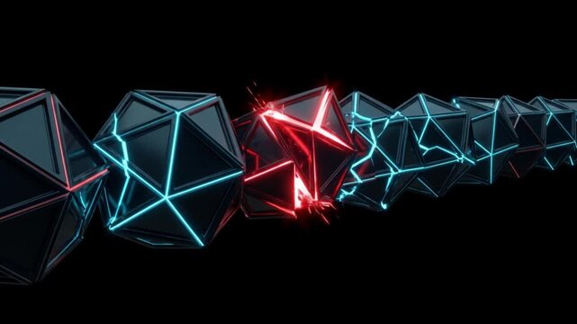 黒背景で不正アクセスによりノードの対称性が崩れシステムロックするサイバーセキュリティCG映像