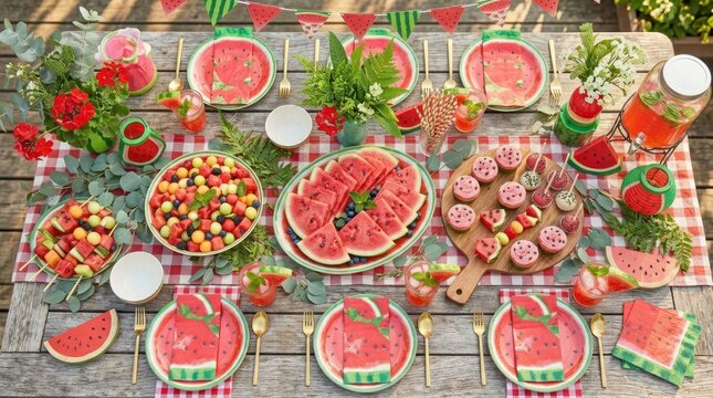 Festive watermelon themed outdoor party table setting with fruit and desserts