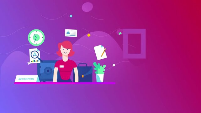 Business professional working at desk with digital icons in flat vector style.