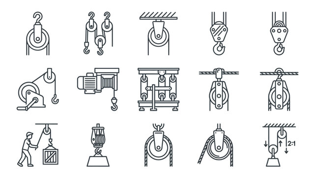 Professional Black and White Line Drawing Set of Various Hoists Cranes Pulley Systems and Mechanical Lifting Tools