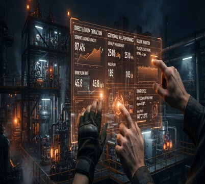 Hands navigate holographic AI geothermal brine lithium extraction interface