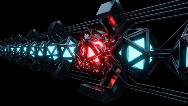 黒背景で不正アクセスによりノードの対称性が崩れシステムロックするサイバーセキュリティCG映像