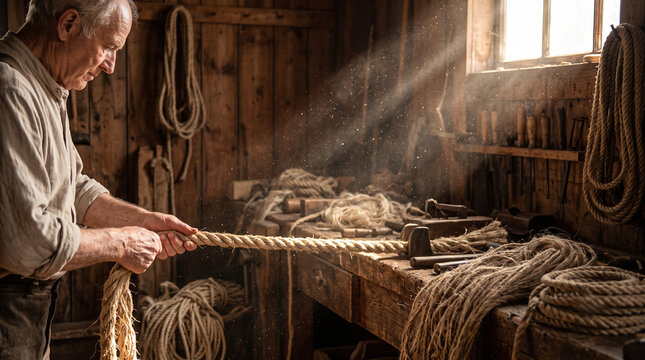 Ropemaker Twisting Thick Natural Fibers in a Traditional Workshop