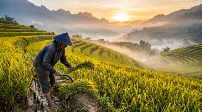 Vietnamese Farmer Harvesting Rice