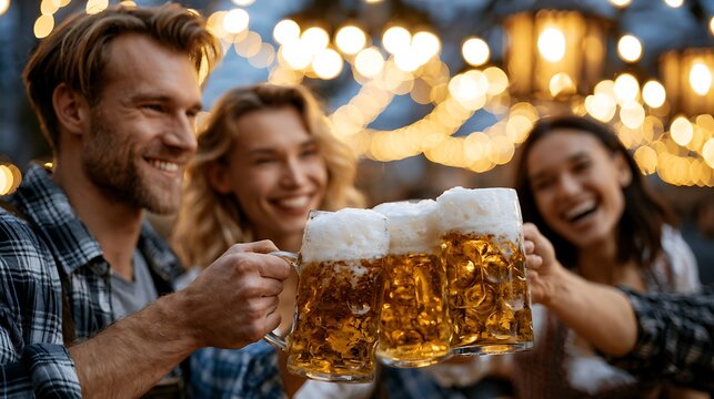 Happy friends clinking beer mugs celebrating at Oktoberfest festival