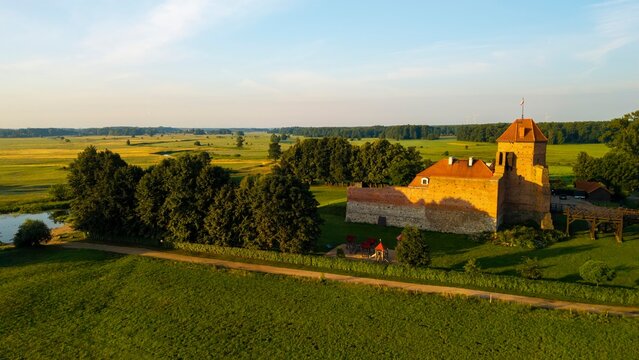 Medieval castle and Liwiec river in Liw, village in Wegrow County, Masovia region of Poland.