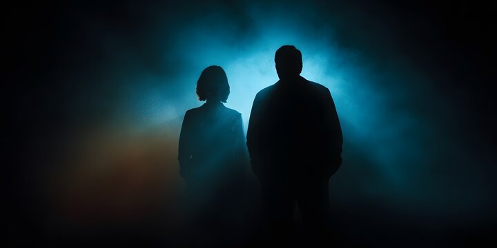 Two silhouetted figures stand against a dramatic blue and orange smoky background.
