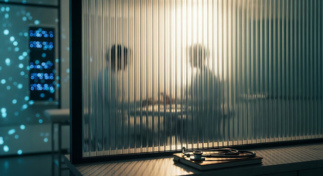 Medical privacy and hipaa compliance during a private consultation with a stethoscope and silhouettes of a doctor and patient behind glass