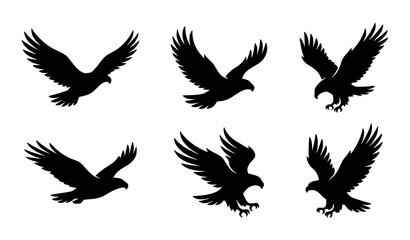Fototapeta premium Minimal Black Eagle Silhouette Set with Six Soaring Flight Positions Vector Bird Collection