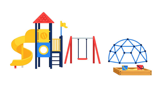 Colorful children playground clipart set featuring a yellow slide red swing sandbox with buckets and blue climber dome isolated on white