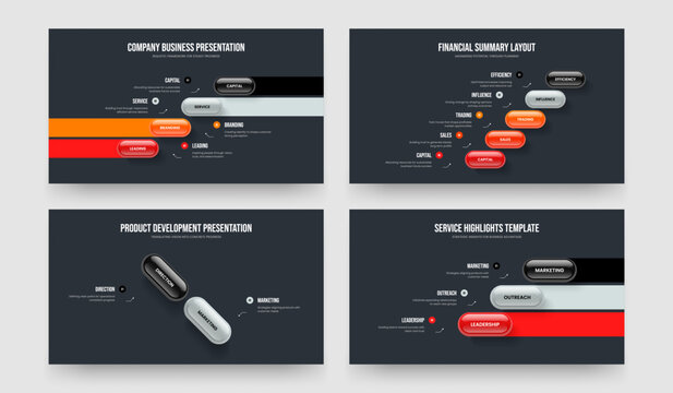 Marketing Report 4 5 2 3 Element Infographic Slide Template Collection. Product Briefing Four Five Two Three Step Diagram Frame Design Vector Illustration Set.