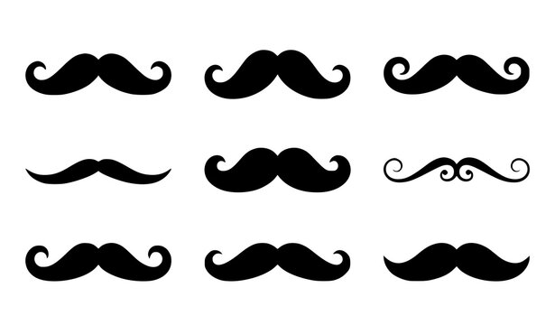 Black Curly Mustache Shapes Collection Featuring Classic Retro Facial Hair Vector Symbols