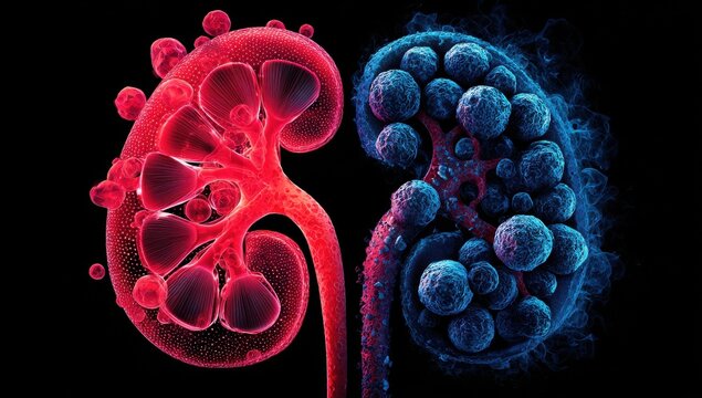 Healthy kidney vs polycystic kidney disease illustration medical imaging for educational purposes