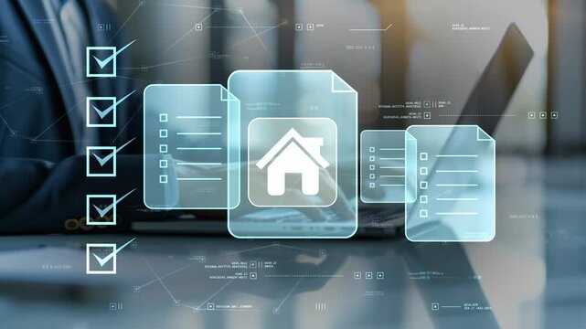 Digital property compliance process with house icon, real estate documentation, approval checklist, secure records, regulatory requirements and business workflow