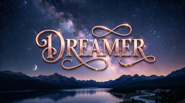 Dreamer text overlay on starry night sky over mountains and lake