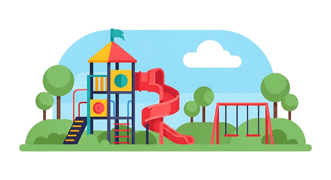 Vibrant childrens playground clipart illustration featuring a red spiral slide and swing set in a sunny public park with green trees