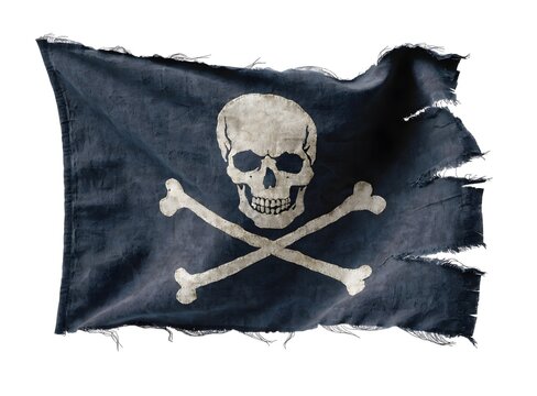 Torn blowing black pirate flag with white skull emblem. Danger warning and high seas adventure concept. Tattered classic jolly roger banner waving on white background