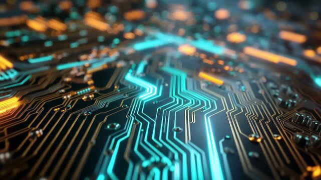 High-Tech Motherboard Background Featuring Neon Circuitry and Digital Innovation