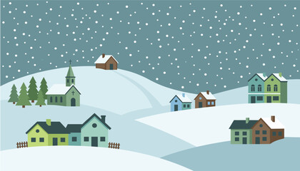 winter village vector set, cozy snowy landscape background illustration, minimal cartoon houses and church clipart, flat christmas seasonal holiday scenery. © Creative Studio 