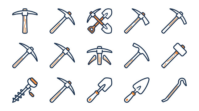 Dynamic Collection of Hand Drawn Mining and Excavation Tools in Orange and Blue Outline Style with high quality professional line art symbols for modern creative design and digital branding projects
