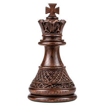 Vintage brown wooden carved chess king piece isolated on transparent background