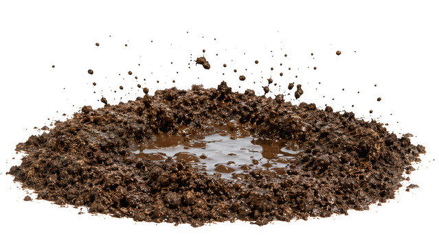Dark brown earth mud splash forming a circular pool isolated on transparent background