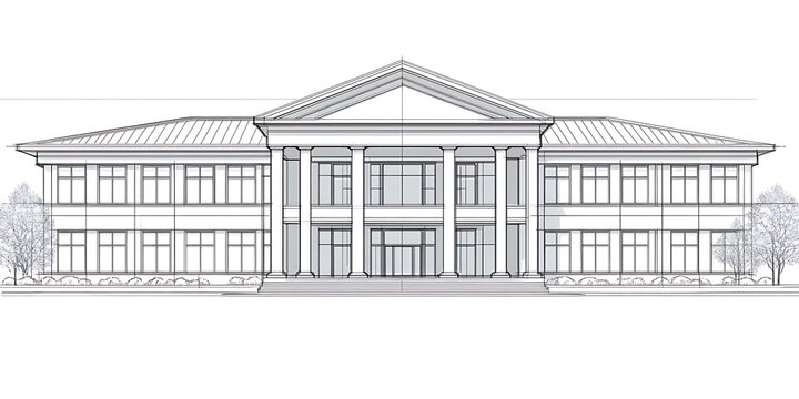 Classical building facade with columns and symmetrical wings, representing institutional architecture and design.