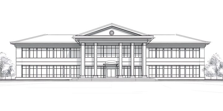 Classical building facade with columns and symmetrical wings, representing institutional architecture and design.