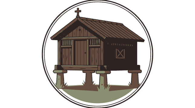 Traditional Granary on Stilts, Rustic Wooden Building with Cross, Rural Architecture