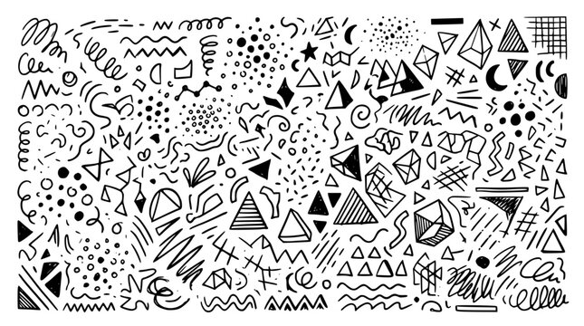 Hand drawn memphis pattern elements squiggle dot triangle line shape mix color random, black ink sketch vector illustration