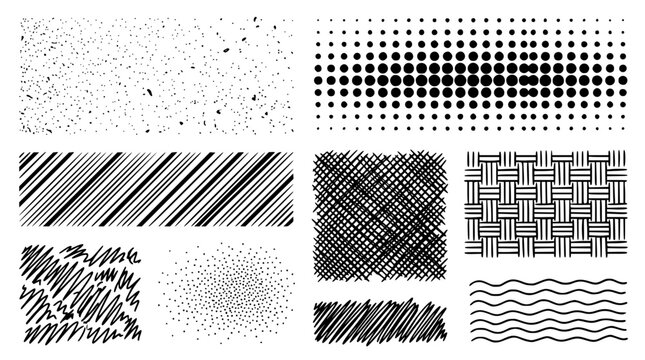 Hand drawn watermark texture overlay elements grain noise dot halftone stripe cross hatch weave, black ink sketch vector illustration
