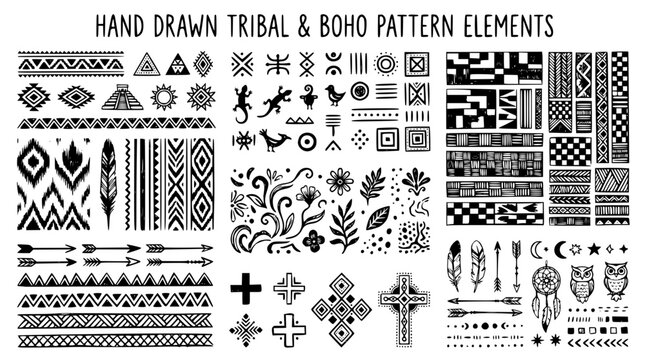 Hand drawn boho pattern tribal motif elements aztec ikat batik mudcloth kente stripe weave cross, black ink sketch vector illustration
