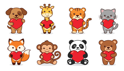 Fototapeta premium animal vector set, cute cartoon animals holding red heart stickers, funny valentine day pet characters clipart, kawaii baby zoo creatures love icons.