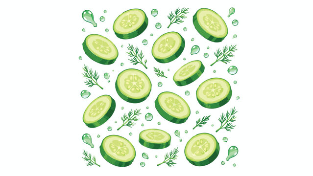 Fresh cucumber slices and dill leaves vector pattern, green vegetable salad ingredients with water drops, organic food background for packaging