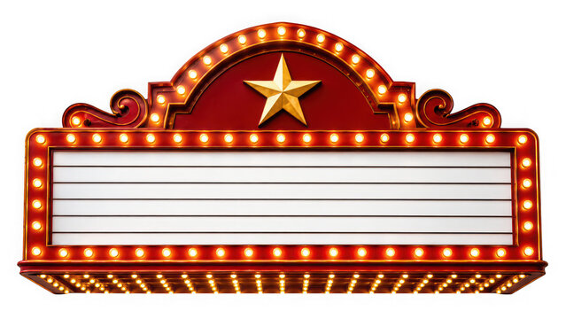 Vintage movie theater marquee sign with golden star isolated on transparent background
