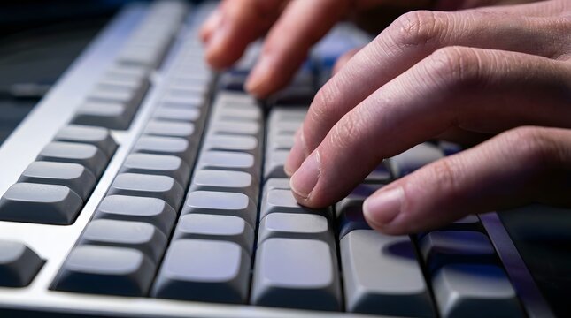 Close up of fingers typing on gray mechanical computer keys