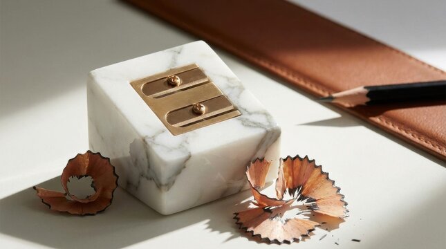 Marble pencil sharpener with gold accents on a desk with pencil